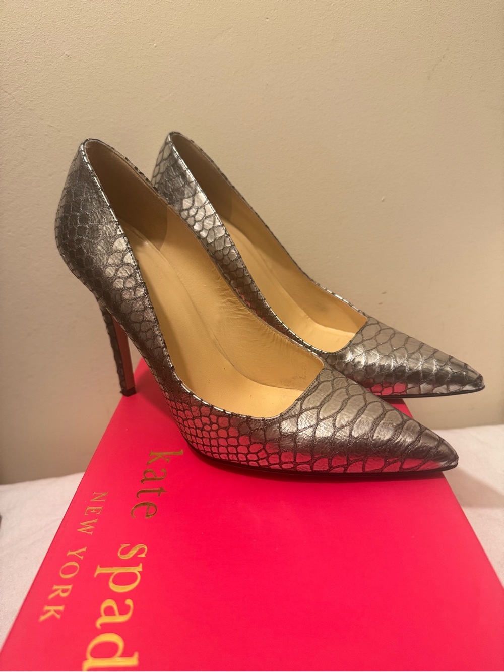 PRE-LOVED Kate Spade Lollipop metallic snakeskin embossed leather stilettos